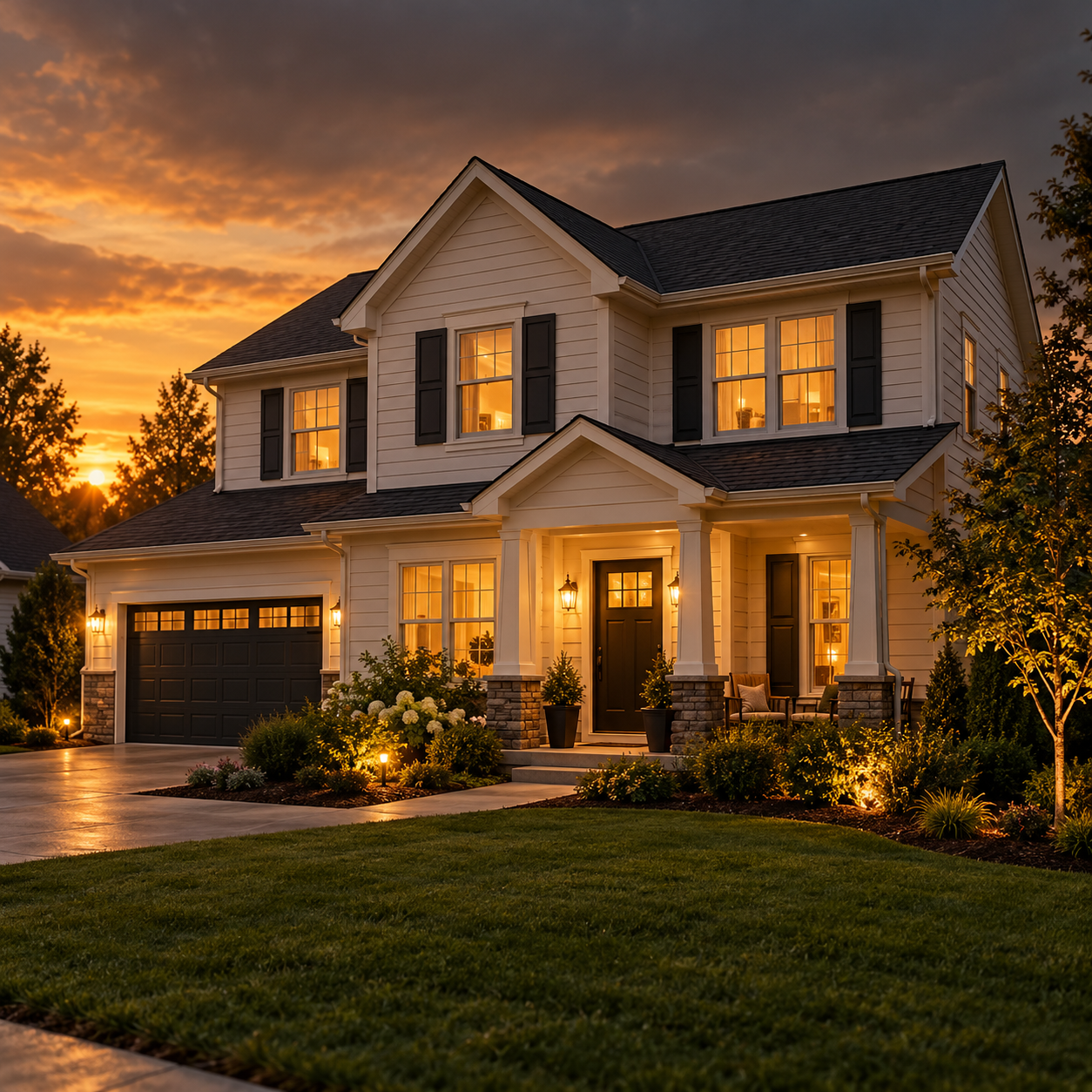 Illustrative home exterior with welcoming porch lights at dusk