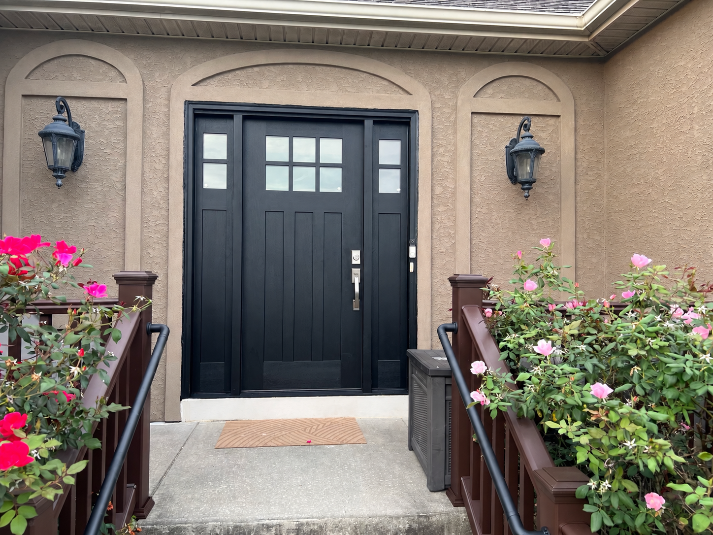 After: completed black front door with matching sidelights